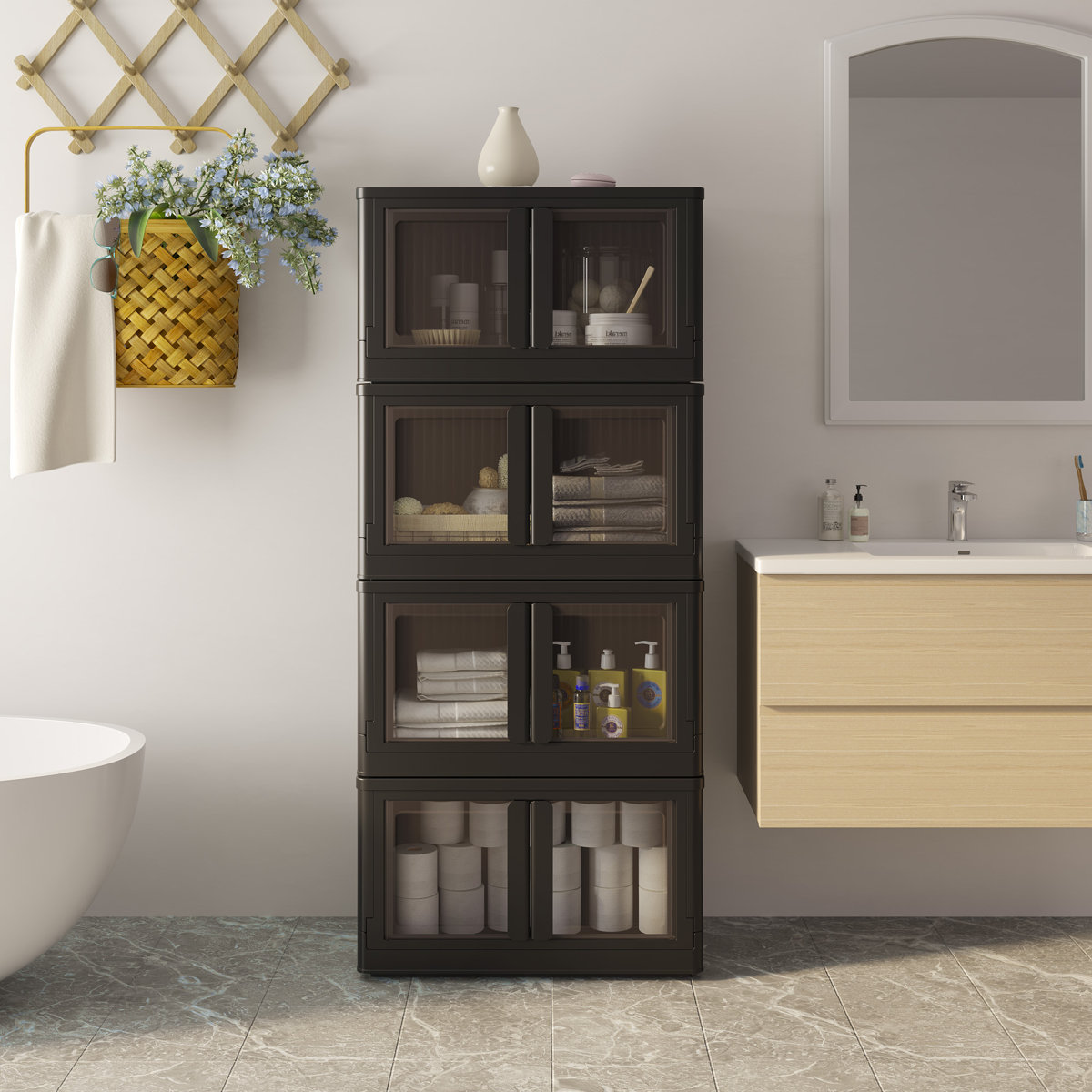 Stackable Collapsible Plastic Storage Bins with Lids,304 QT Closet Organizers with Doors, 25''L x 15.5''W x 56''H (Set of 4)